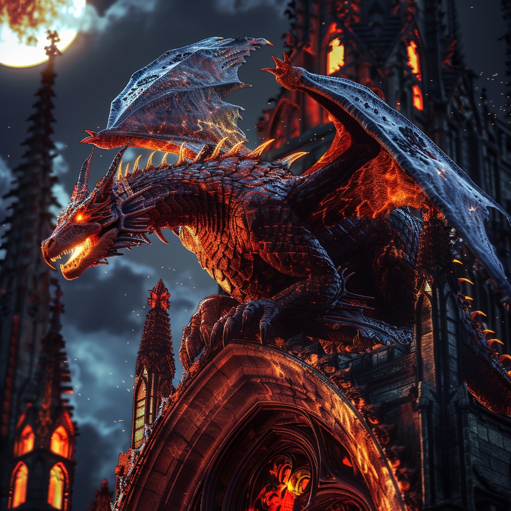 Bathed in the eerie glow of a blood moon, a formidable dragon perches atop a gothic cathedral, its scales shimmering with an ancient menace as it surveys its midnight domain.. 👉 #Prompt in Alt.
