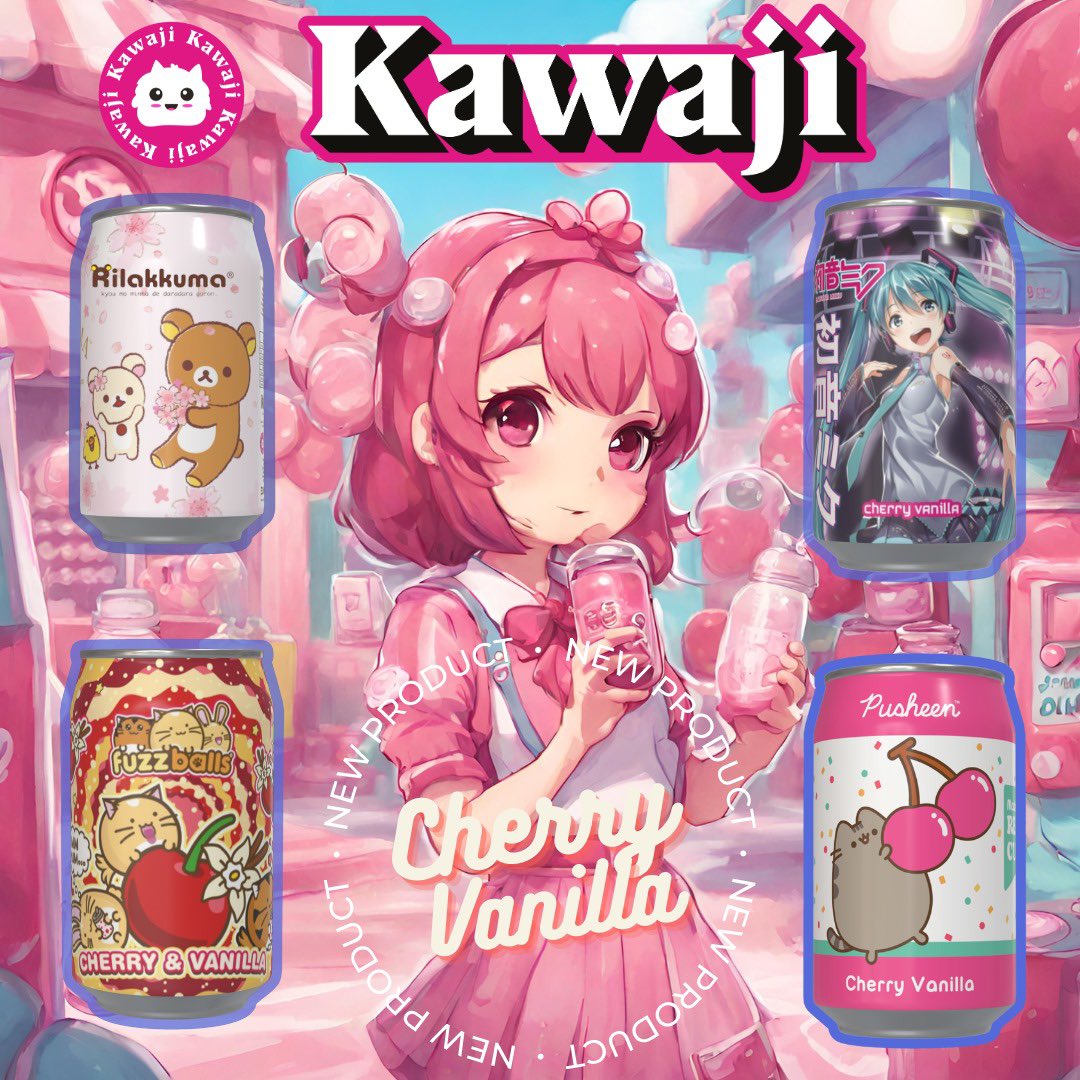 LoveKawaji's tweet photo. Our NEW Cherry Vanilla range is gonna make you STOP & POP! 🥤 🍒 💥
Coming soon as new additions to our #HatsuneMiku #rilakkuma #pusheen and #fuzzballs soda range.
#WeAreKawaji #CherryVanilla https://t.co/LdwaDRAkB0