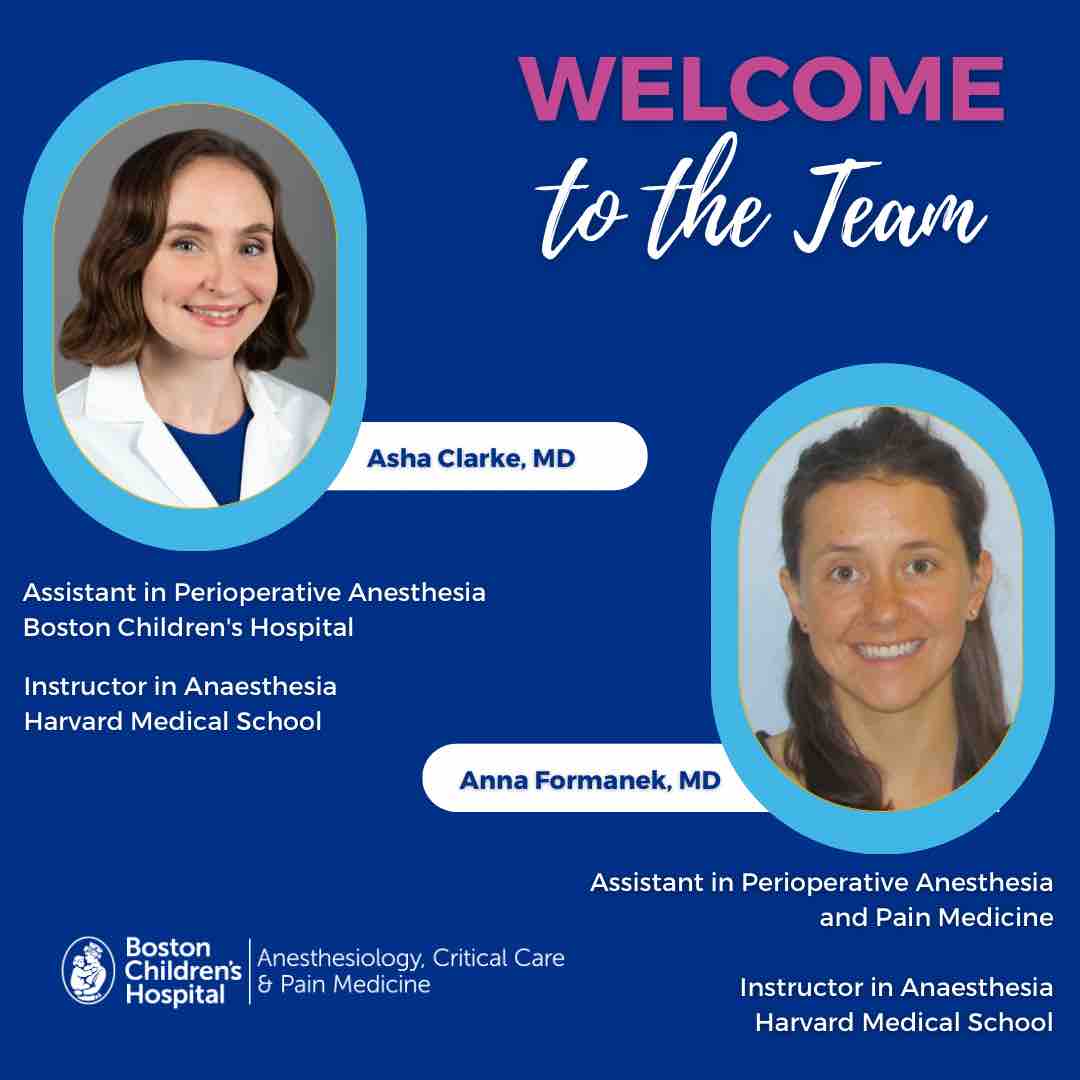 Please join us in welcoming former @BCH_Anesthesia fellows Dr. Asha Clarke and Dr. Anna Formanek to our staff! Thrilled to have you on the team, Asha and Anna!