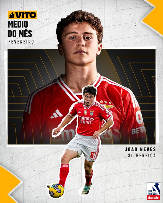 João Neves eleito pela quarta vez o melhor médio do mês da Liga.