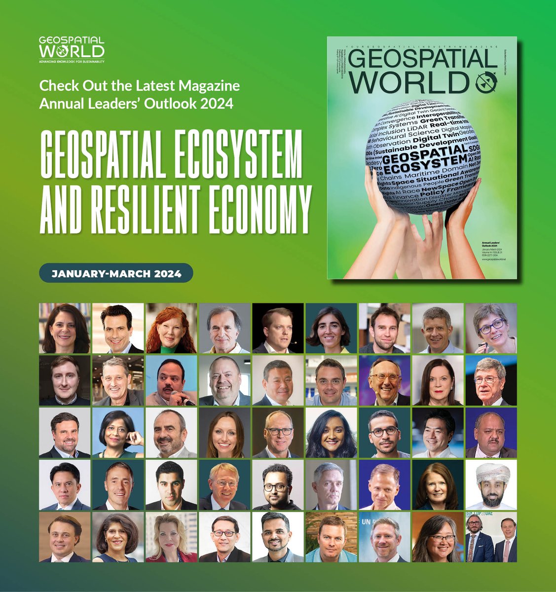 geospatialworld's tweet photo. https://t.co/MN8V7223to

📢Geospatial World Annual Leadership Edition 2024 is out now!  

The magazine highlights the views of leading industry titans, academicians, and strategic thinkers on the role of geospatial in building sustainable and resilient economies.  

In the ‘Exponential Age’ of smart automation and Gen. AI, the power of geospatial visualization is a force to deal with unanticipated disruptions and build robust and dynamic models.  

Geospatial and its increasing convergence with force multipliers such as AI and 5G would initiate paradigm shifts in the marketplace as well as create enduring grassroot impact.  

With the theme ‘Geospatial Ecosystem and Resilient Economy’, we explore how data-based actionable insights undergird multi-lateral collaboration and spark creativity and innovation, which is the key to digital transformation, automation, and climate change mitigation.  

From mobility and energy transition, to agriculture and supply chains, the pursuit of resilience today denotes the collective action to harness the power of technology to build bridges, ignite minds, and transform lives.  

Happy Reading!!