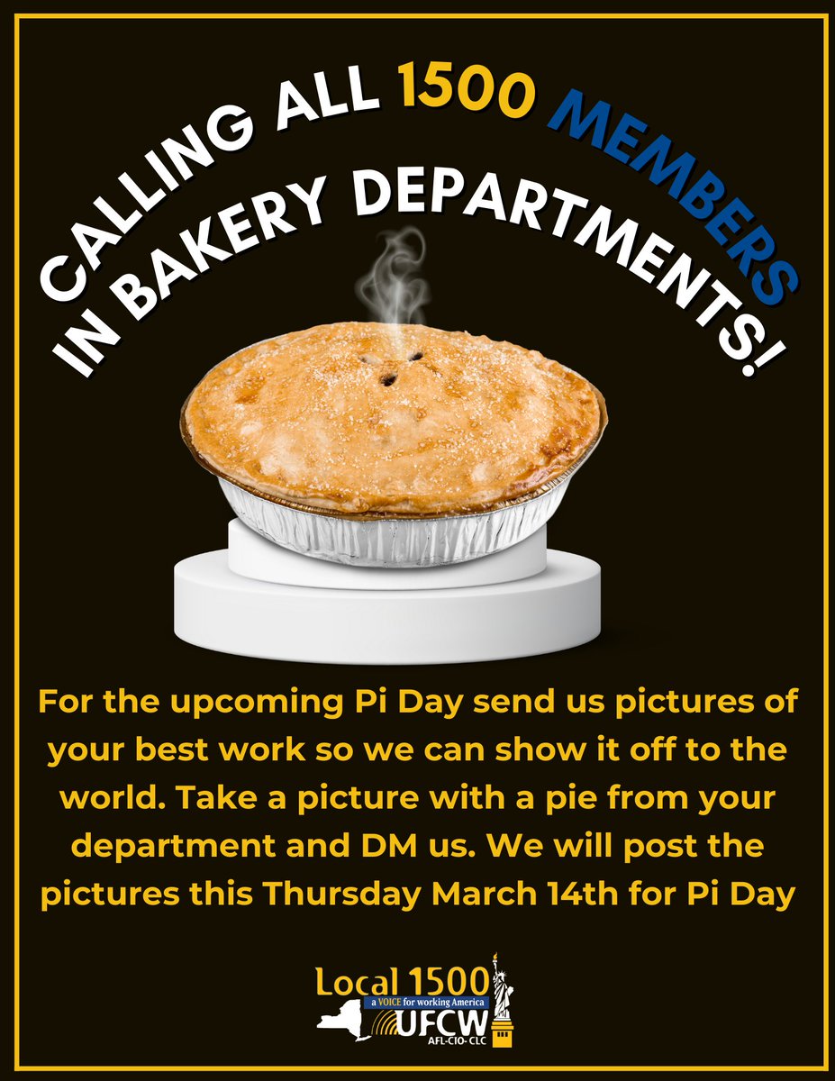 Calling all 1500 Members in Bakery Departments: For the upcoming Pi Day send us pictures of your best work so we can show it off to the world. Take a picture with a pie from your department and DM us. We will post the pictures this Thursday March 14th for Pi Day.