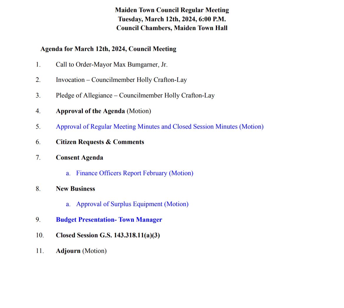TownofMaiden's tweet photo. Agenda for tonight’s council meeting. https://t.co/98LEjXqn1e