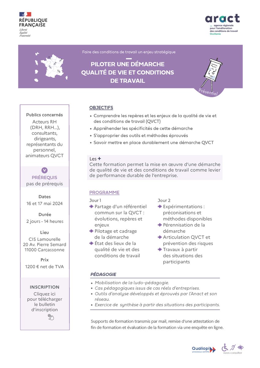 AractOccitanie's tweet photo. ℹ Vous souhaitez déployer une démarche #QVCT au sein de votre structure ? Formez-vous avec l'@AractOccitanie !

🎯 Piloter une démarche QVCT
🕑 16 et 17 mai 2024
📍Carcassonne

👉 https://t.co/TdVx6MhZJ6
#formations https://t.co/4WLiai8prW