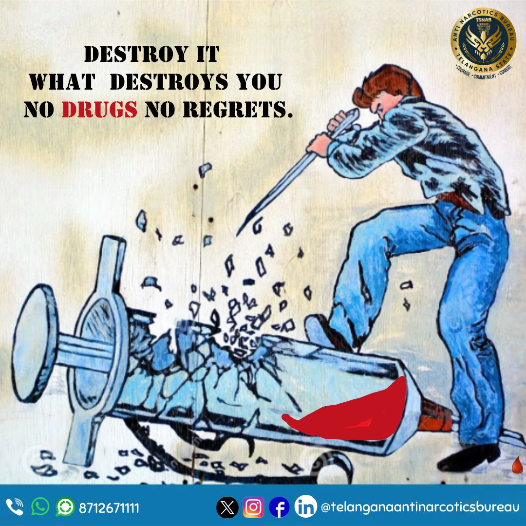 Destroy it  what #Destroys you No Drugs No regrets.
@TelanganaDGP @narcoticsbureau @CVAnandIPS
@RachakondaCop @NMBA_MSJE @UNODC
#drugfreetelangana #drugfreegeneration #UNODC #NMBA #tsnab #TelanganaAntiNarcoticsBureau #TelanganaPolice