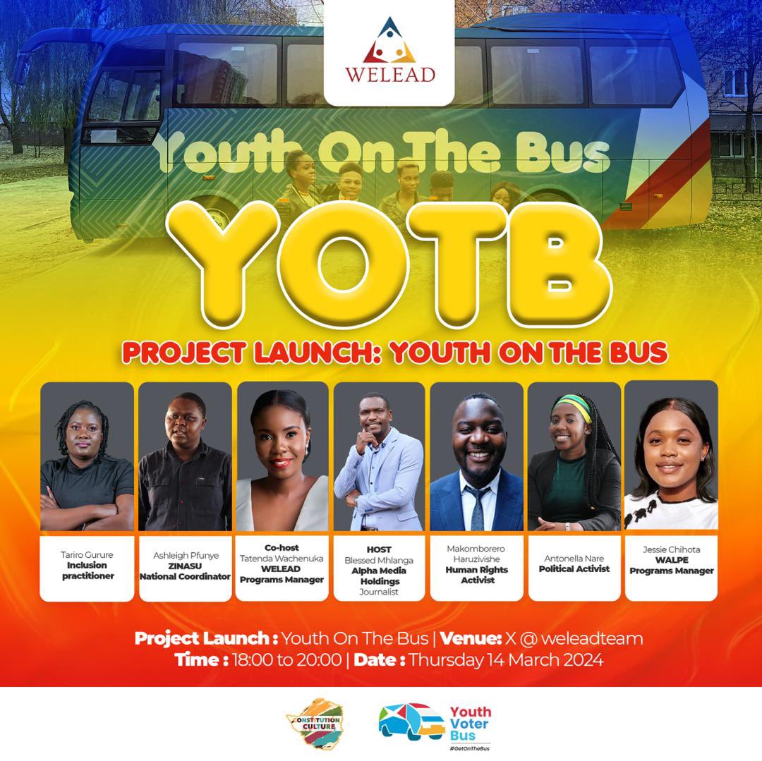 Please REPOST to share. I am joining @bbmhlanga today from 1800hrs - 2000hrs 🇿🇼 time on Thursday 14-03-2024 as he hosts the PROJECT LAUNCH: YOUTH ON THE BUS by @weleadteam The YOUTH must take CHARGE!!! #YouthPower #WeLeadTrust #YouthReforms #YouthOnTheBus