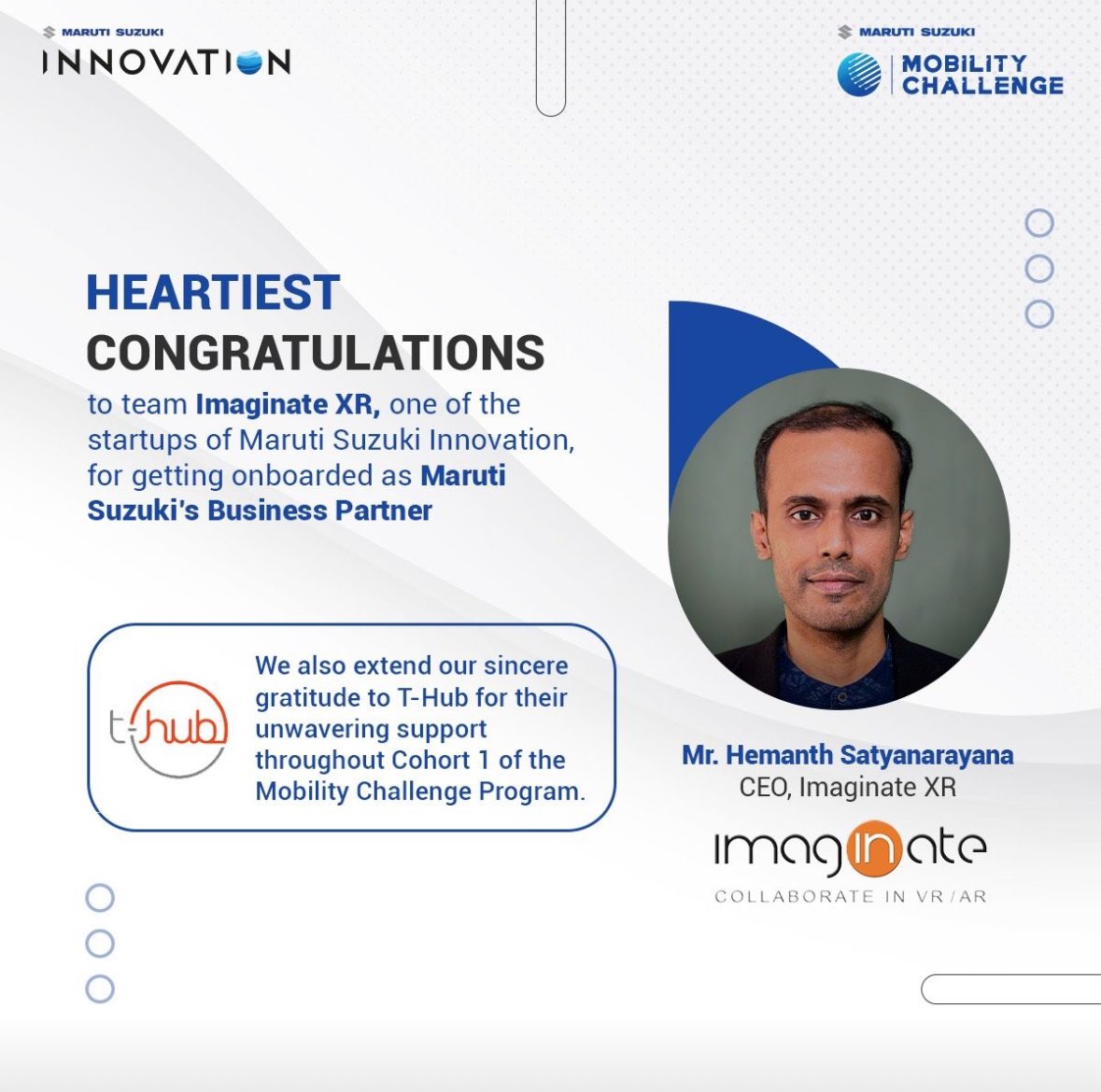 Imaginate is thrilled to announce that we are now a business partner of Maruti Suzuki. 

A heartfelt gratitude to <a href="/InnovationByMS/">Maruti Suzuki Innovation</a> <a href="/THubHyd/">T-Hub</a> for guiding us through the Mobility Challenge where we emerged as the winner of Cohort 1.

<a href="/Maruti_Corp/">Maruti Suzuki</a> #MarutiSuzukiInnovation #MarutiSuzuki