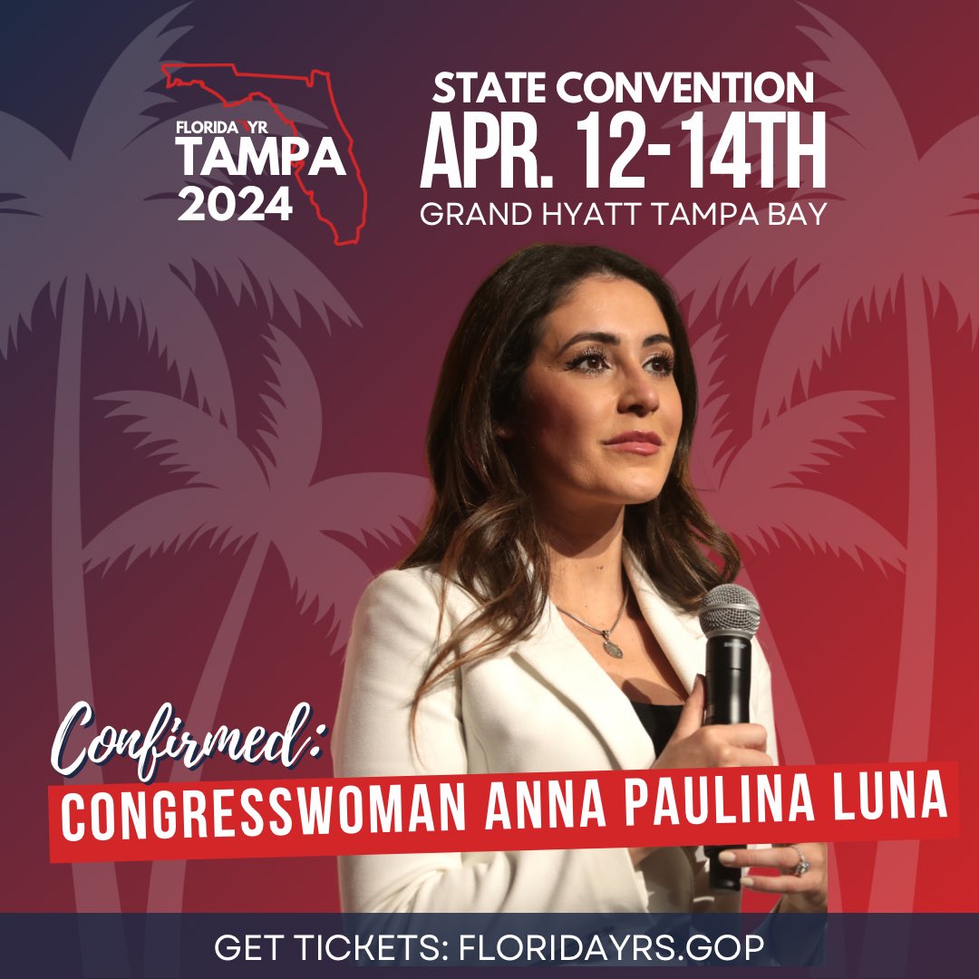Florida Young Republicans (@floridayrs) on Twitter photo We’re excited to host Congresswoman Anna Paulina Luna (<a href="/realannapaulina/">Anna Paulina Luna</a>) at the 65th Annual Florida YR State Convention and YR National Spring Meeting!
Get your tickets now: floridayrs.gop We’re excited to host Congresswoman Anna Paulina Luna (<a href="/realannapaulina/">Anna Paulina Luna</a>) at the 65th Annual Florida YR State Convention and YR National Spring Meeting!
Get your tickets now: floridayrs.gop