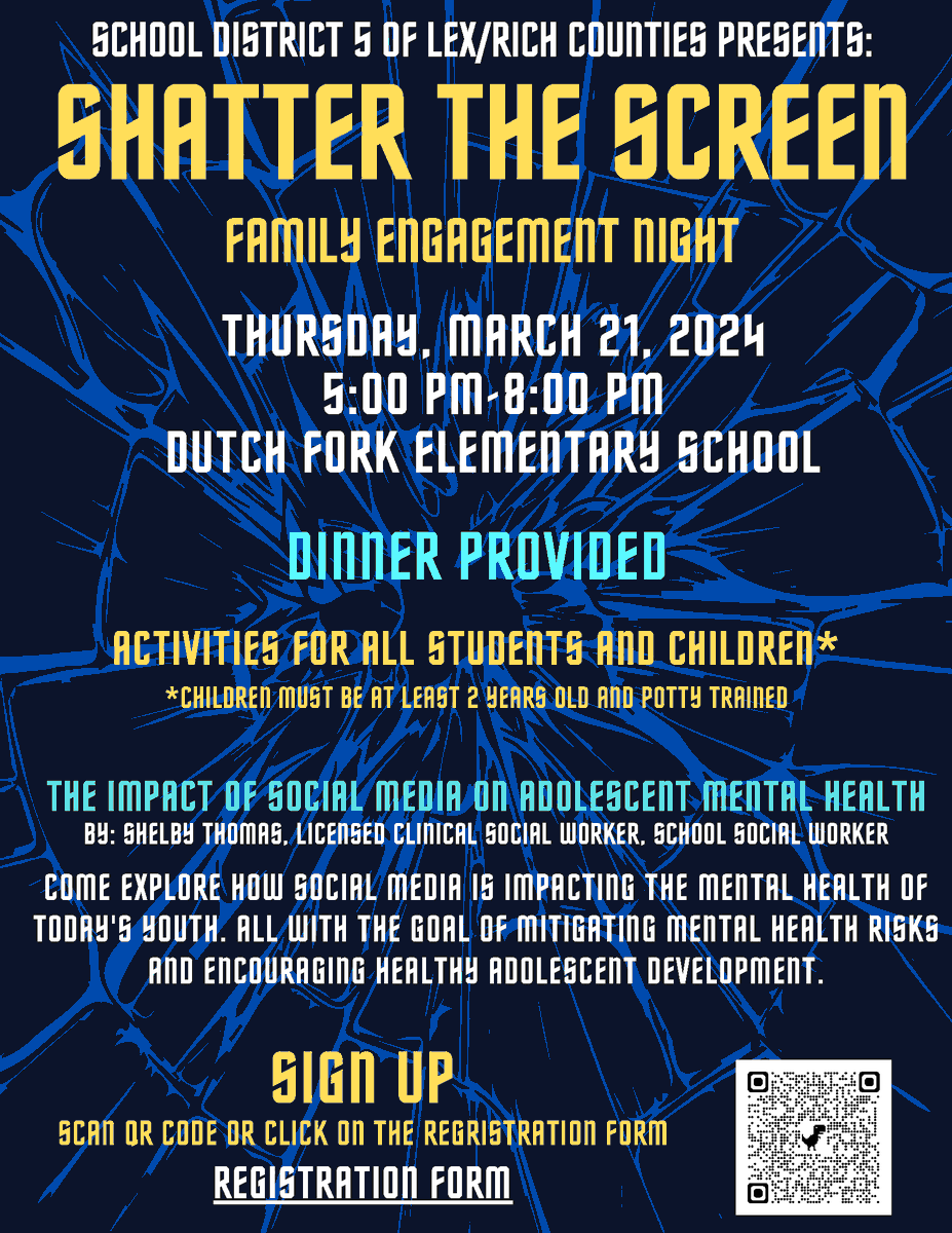 📱 #LexRich5Schools hosts 'Shatter the Screen' - open to all families in the district - this family event will explore how social media is impacting the mental health of today's youth. 📆March 21st 5-8:00 PM ❗ Seating is limited. RSVP before March 15: tinyurl.com/38wcdbht