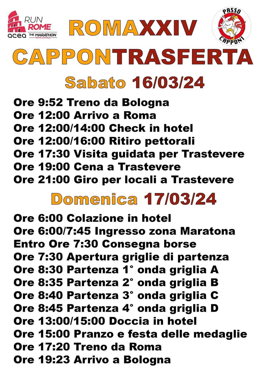 Cappon Trasferta alla Maratona di Roma!!! 
Come sempre, voi dovete solo pensare a correre!!! A tutto il resto (inscrizioni, treno, hotel, cena e logistica) ci pensiamo noi...
#passocapponi #passocapponimèsqueunclub #runromethemarathon2024