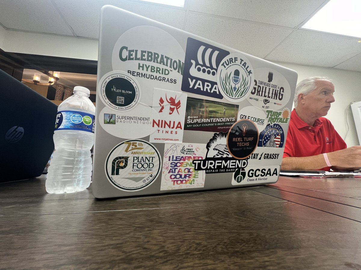 I’m sitting in on a weekly staff meeting at another property.
Just by the awesomeness of stickers on the laptop.
What member of <a href="/FGCSA/">Florida GCSA</a> <a href="/GCSAA/">GCSAA</a> is attending this meeting with me?
and go……………