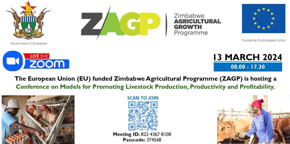 The #EU funded @ZAGPInfo is hosting a Conference on Models for Promoting Livestock Production with @MoLAFWRD_Zim. The event will reflect on @ZAGPInfo’s achievements, challenges and opportunities. Join us: us02web.zoom.us/j/82243678108?… Meeting ID: 822 4367 8108 Passcode: 374568