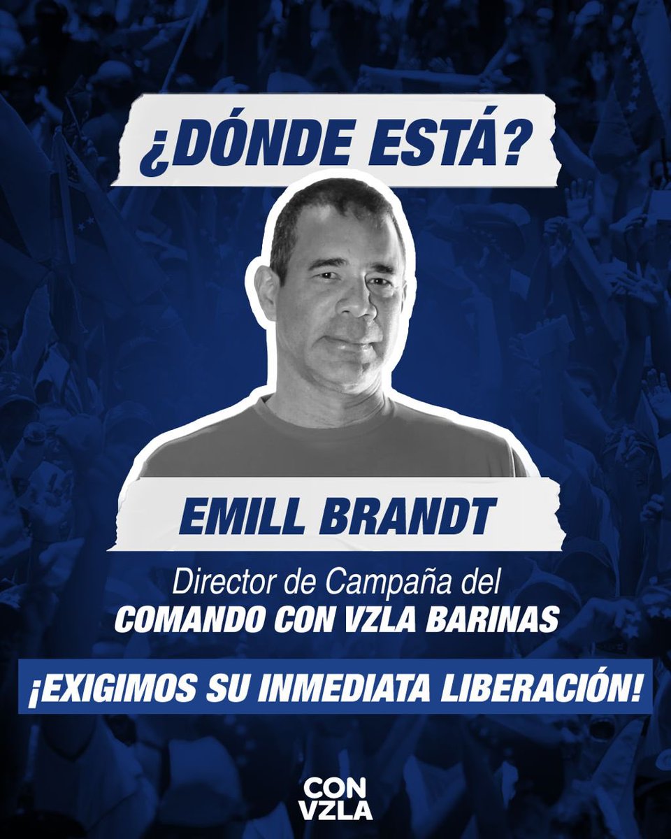 PortuguesaVente's tweet photo. 📢 #URGENTE ¿Dónde está Emill Brandt?
El régimen secuestró a nuestro jefe de campaña en Barinas. Con Emill, son 4 los secuestrados por la tiranía.
¡Exigimos libertad para los presos políticos!
#MaduroRepresor #VenteDDHH https://t.co/BPX5OJ9Aee