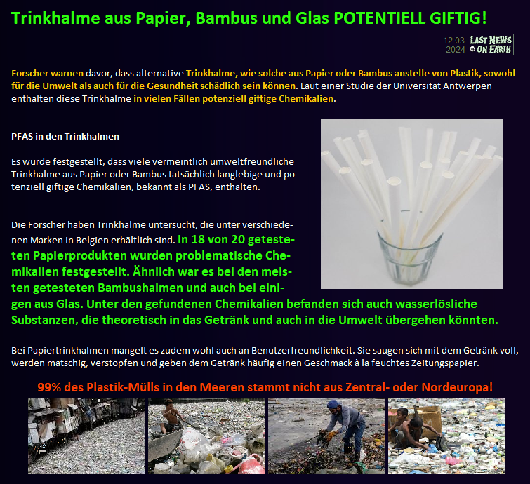 6o7Unimatrix01's tweet photo. #Alternative #Strohalme stinken nicht nur, sie sind potentiell mit #Gift(-en) durchsetzt!
Volksverdummung durch #Lückenpresse in #Europa (#ÖRR ganz vorne mit dabei).
#Plastik in Meeren stammt nicht aus Nord- und Zentraleuropa. https://t.co/Io257vIX4c