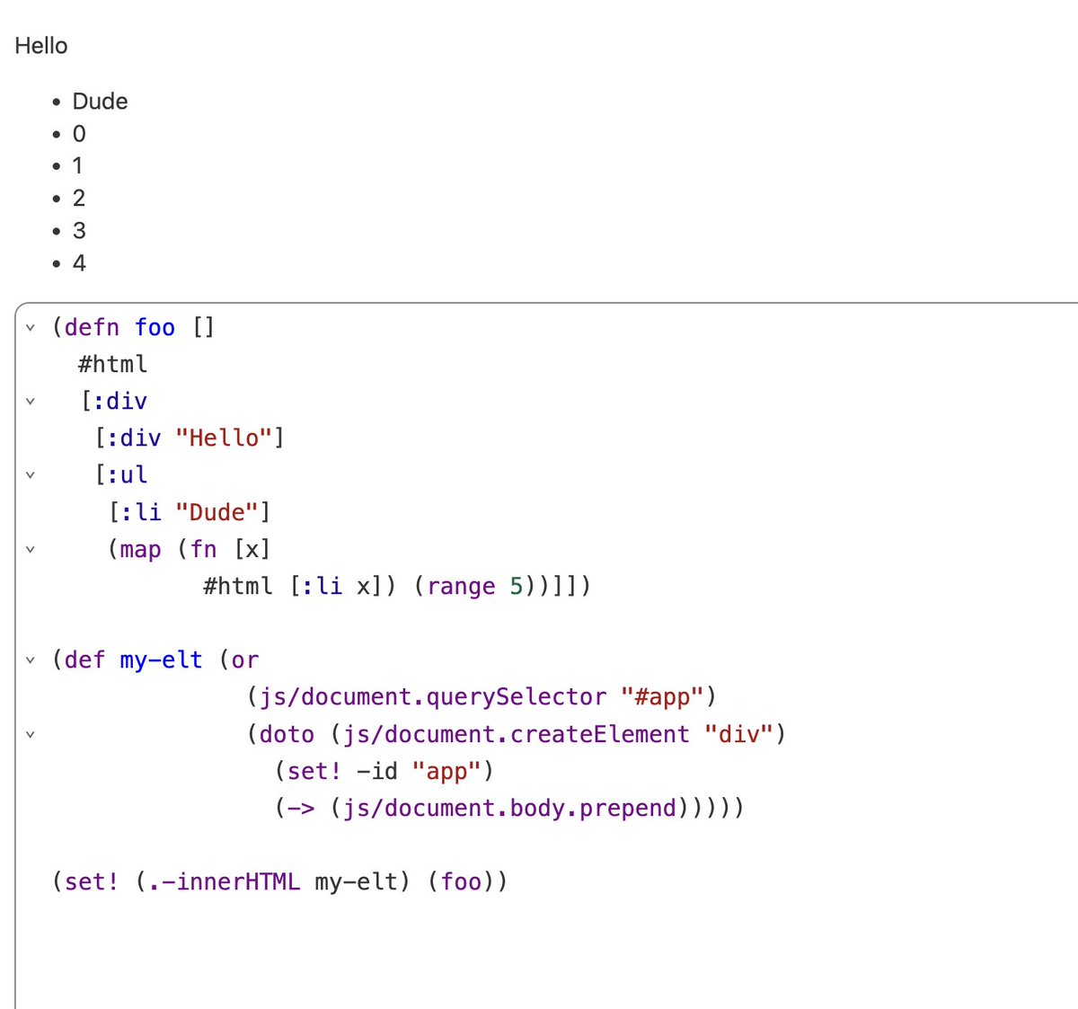 borkdude's tweet image. Built-in HTML generation in #squintcljs (currently WIP in branch)

#clojure #clojurescript
