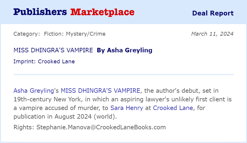 Congratulations to @AshaGreyling on the announcement of her debut novel, MISS DHINGRA'S VAMPIRE with @crookedlanebks. It's a historical mystery with exquisite worldbuilding you do NOT want to miss! @TheTobiasAgency