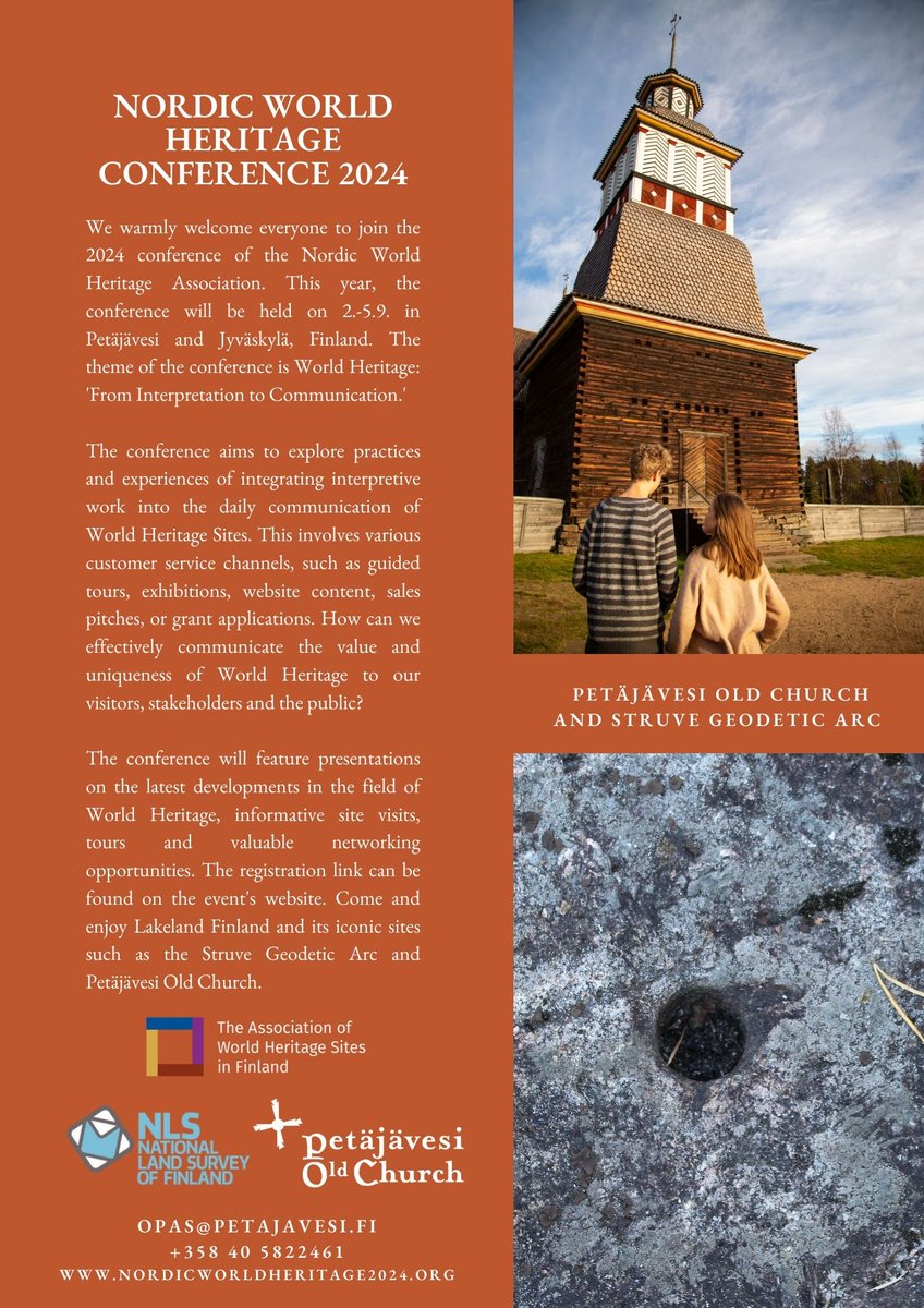 Pohjoismaisen maailmanperintöyhdistyksen konferenssi järjestetään Petäjävedellä ja Jyväskylässä 2.-5.9.2024 🍂#nwhc2024 #nordicworldheritage

Konferenssin teema on 'World Heritage: From Interpretation to Communication' 🌏

Lue lisää ja ilmottaudu mukaan: nordicworldheritage2024.org