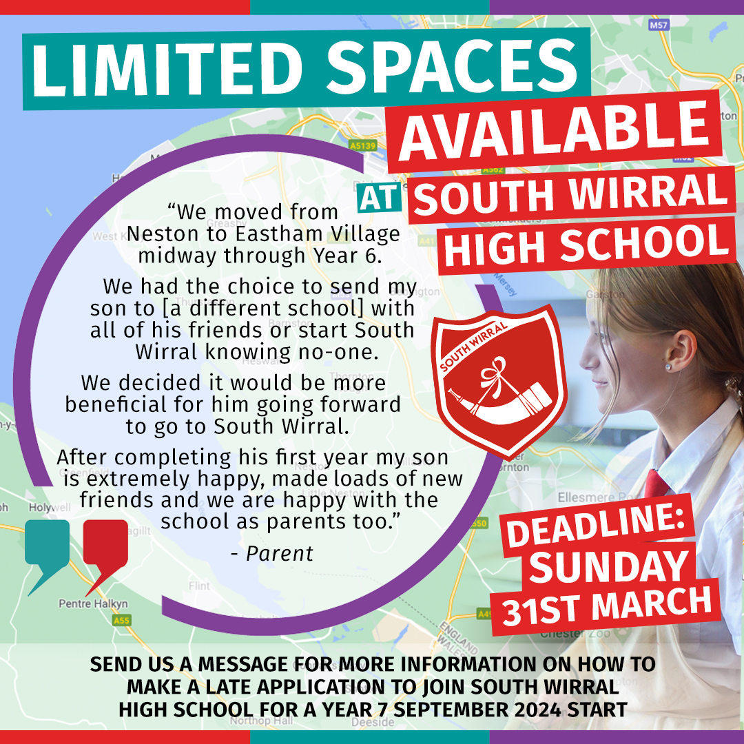 📢⭐ LIMITED SECONDARY SCHOOL SPACES AVAILABLE ⭐📢 Is your child due to start Year 7 but you are not happy with their allocated school? We have a small number of spaces available for a September start. Get in touch for more information on how to apply southwirral.wirral.sch.uk/welcome/