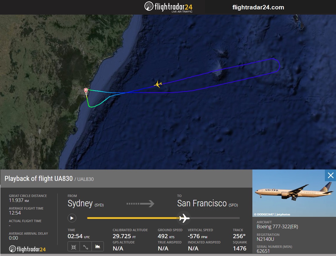 JacdecNew's tweet photo. United Airlines Boeing 777-300 (N2140U, built 2017) suffered a loss of hydraulic pressure in its right maingear immediately after getting airborne from runway 34L at Sydney-Intl AP (YSSY), NSW, Australia.  Flight #UA830 to San Francisco discontinued the flight and returned for a safe landing almost 2 h later.
https://t.co/S8aDfya9ev
