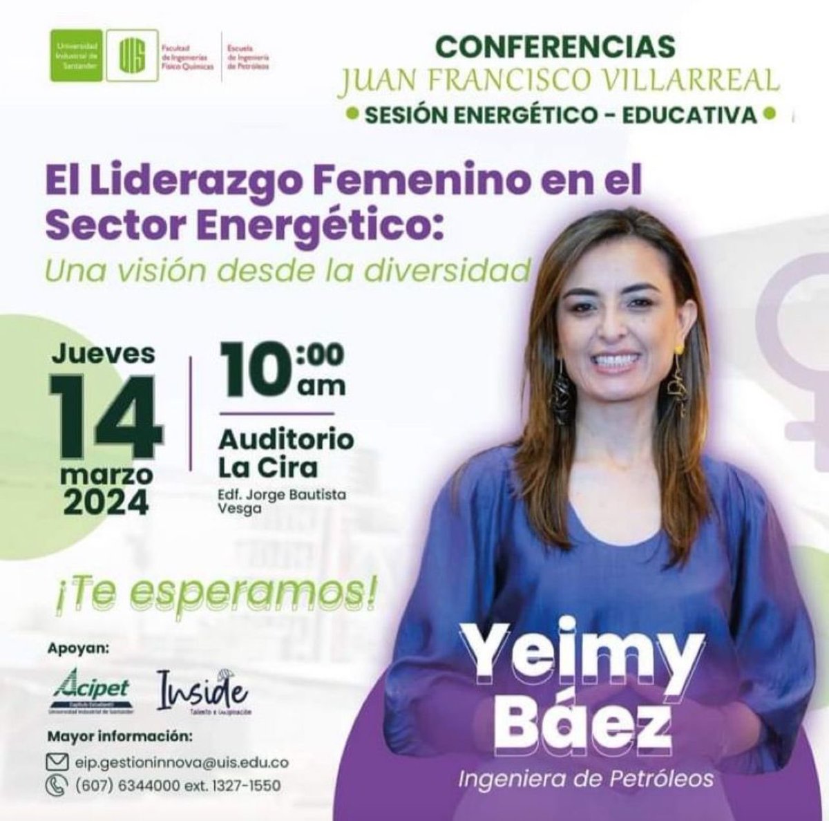 Estando en Bucaramanga compartiré mi experiencia en el sector energético como mujer, ingeniera y mamá de 2 hijos.  Invito a todas las mujeres de la <a href="/UIS/">UIS</a> de las Escuelas de Ingeniería este jueves 14-marzo a las 10am en el Auditorio La Cira. #mujeresenenergía #diversidadeinclusión