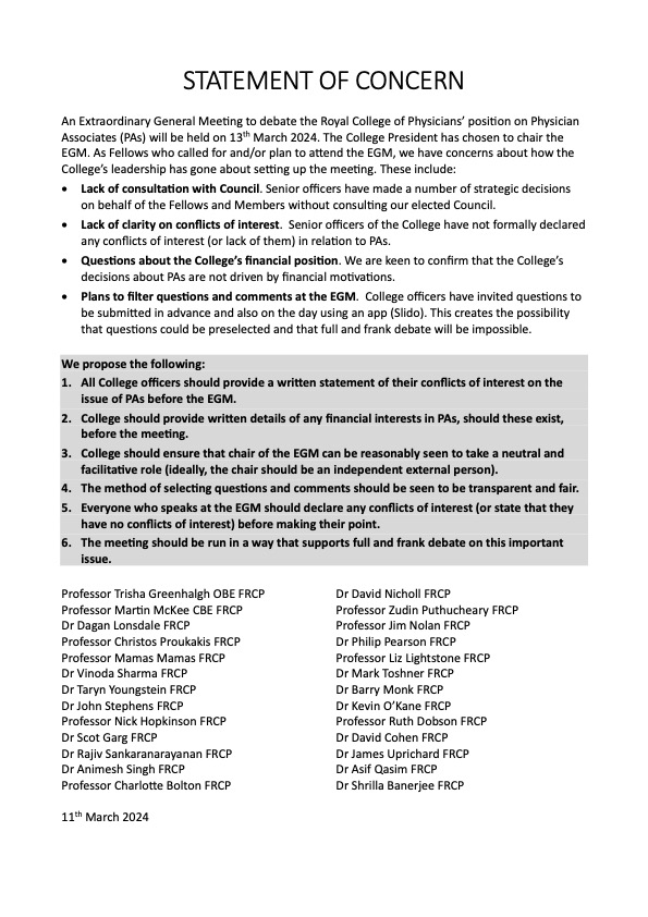 Tomorrow (13 March), there will be an Extraordinary General Meeting of the Royal College of Physicians on Physician Associates. We called this meeting because of concerns about patient safety. Please read and circulate our STATEMENT OF CONCERN about how the EGM is being set up.