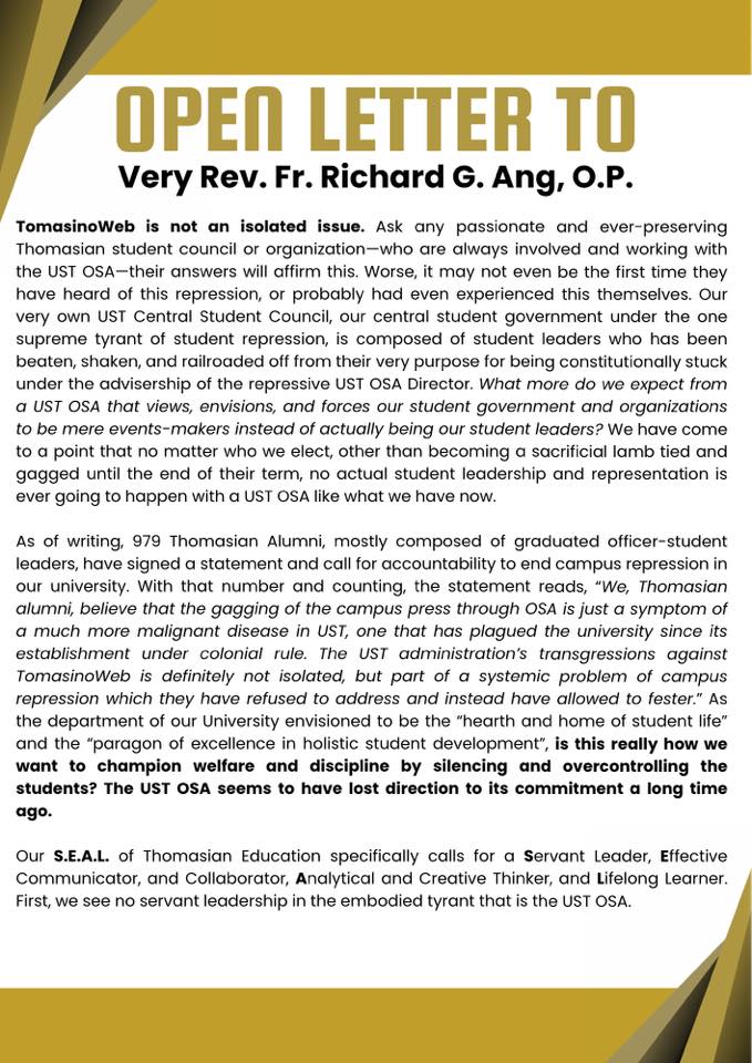 varsitarianust's tweet photo. RECTOR URGED TO SACK OSA HEADS  

READ: Thomasian student leaders, activists, and media organizations call for the termination of Office for Student Affairs (OSA) Director Ma. Cecilia Tio Cuison and Assistant Director Maria Regina Arriero.  

In an open letter on March 12 addressed to UST Rector Fr. Richard Ang, O.P. posted on the Facebook page of Rise for Education - España, students slammed the “heavy-handed responses” of the OSA and its “unnecessary bureaucratic and repressive culture.”  

The letter was signed by the UST SHS Student Council, UST Artlets Student Council, TomasinoWeb, and Anakbayan UST, among others.