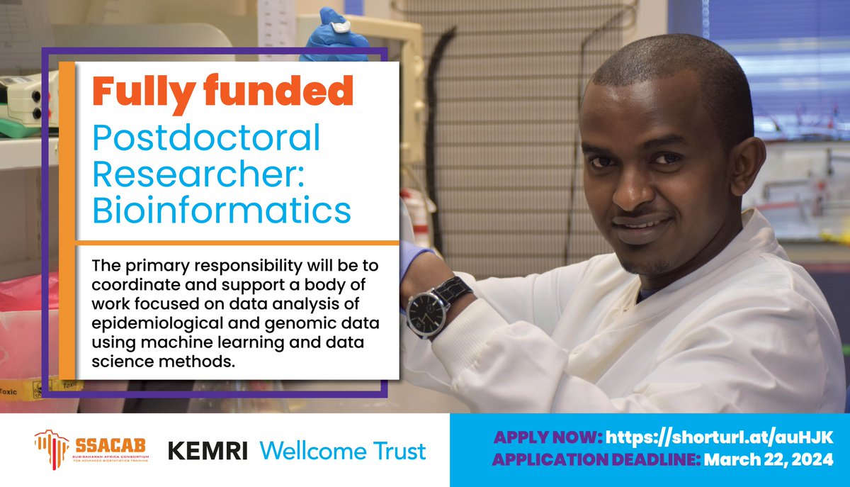 Apply for the Sub-Saharan Africa Advanced Consortium for Biostatistics @SSACABDeltas & @KEMRI_Wellcome Postdoctoral position, offered under the Initiative to Develop African Research Leaders @IDeAL_KEMRI_WT Deadline: March 22, 2024 Apply: shorturl.at/auHJK