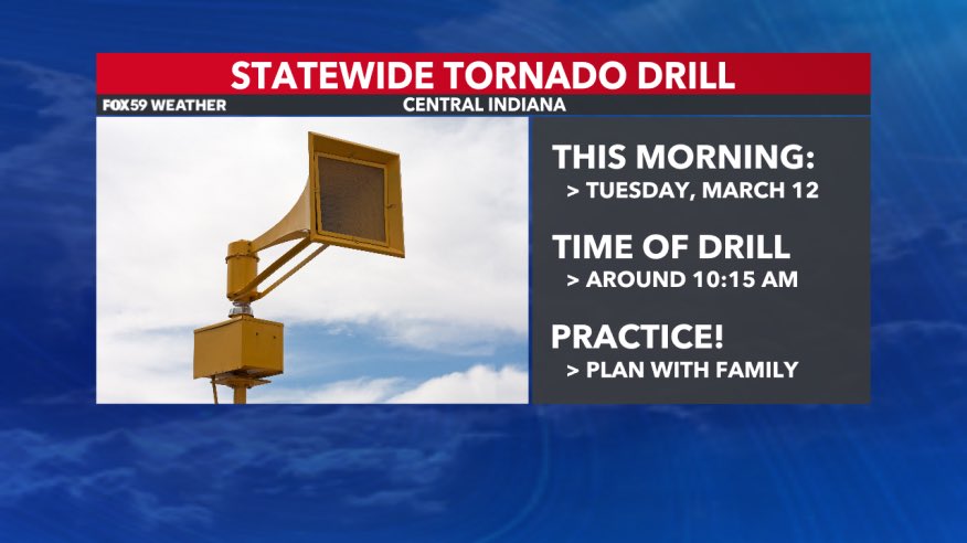 AHardwickWx's tweet photo. FYI >> Statewide tornado drill will occur in an hour! @FOX59 @theWXauthority #INwx https://t.co/aHK5nP3CYG