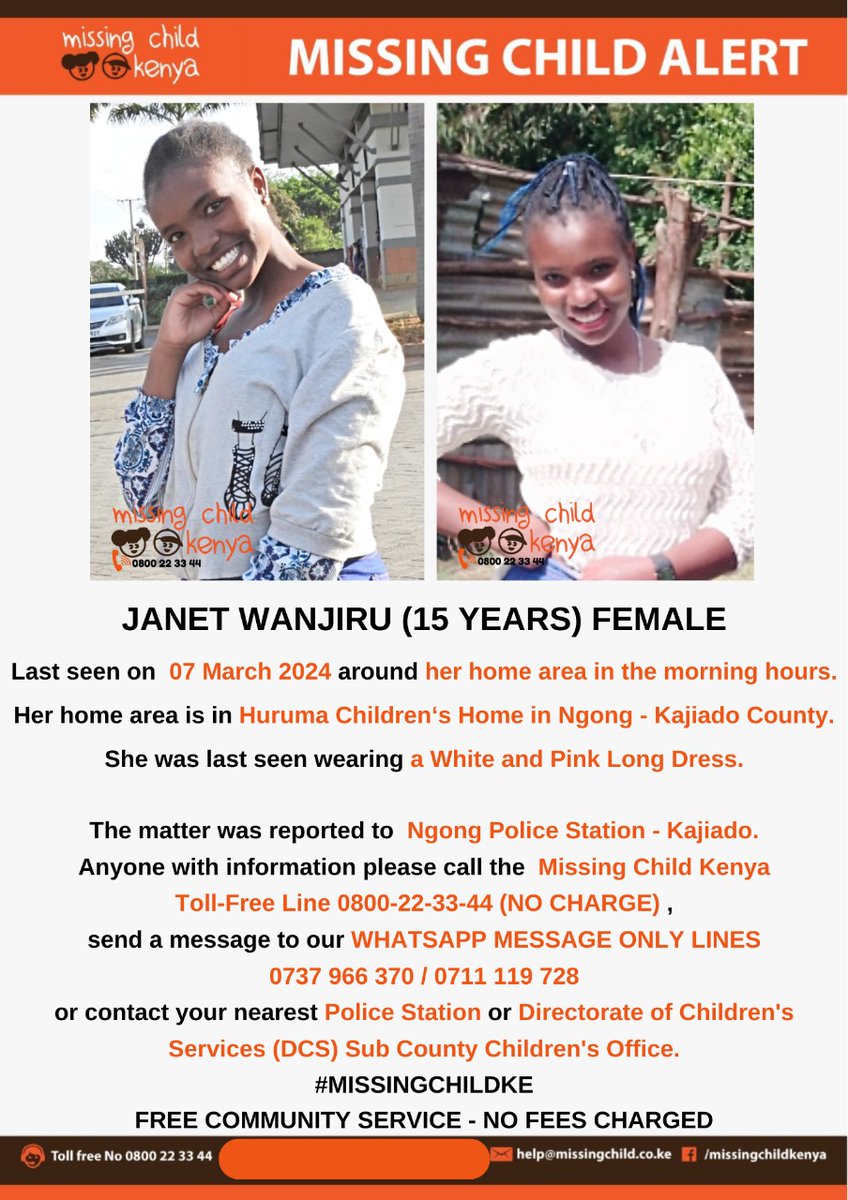 MISSING CHILD ALERT – NGONG-  KAJIADO COUNTY.  Jane Wanjiru (15 yrs)  was last seen on 07/03/2024. Please share alert to help reunite her with family. Thanks. #MISSINGCHILDKE
@MTotoNews

@SokoAnalyst

@KenyanTraffic

@Tuko_co_ke
