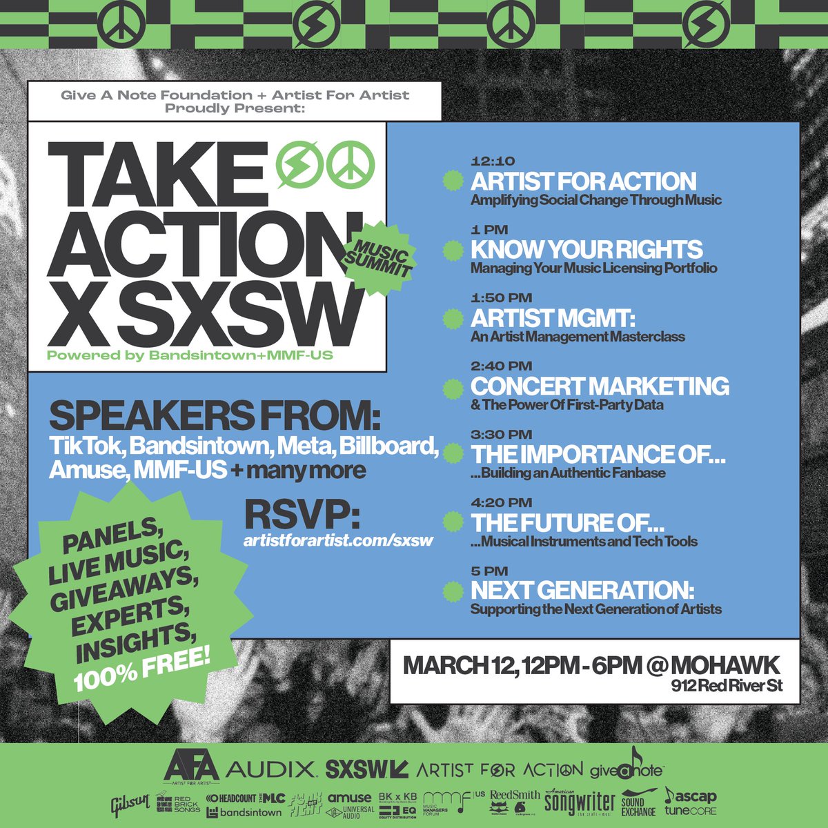 TODAY (12pm-6pm-CT) @sxsw - join @MMFUS, @GiveANote @AFAmgmt @afaventures @Bandsintown for a FREE Daytime Music Summit @mohawkaustin. Join us for aftrn of proven tools, tricks+actionable insights from #musicindustry experts. Near capacity! RSVP now: artistforartist.com/sxsw 📷