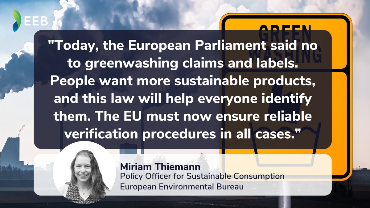 🍾Good news: @Europarl_EN has just agreed on stricter rules for green claims and labels! 💚This will help us cut through the smoke of green marketing and identify the most sustainable products. ⏩The EU must now guarantee reliable verification processes. eeb.org/european-parli…