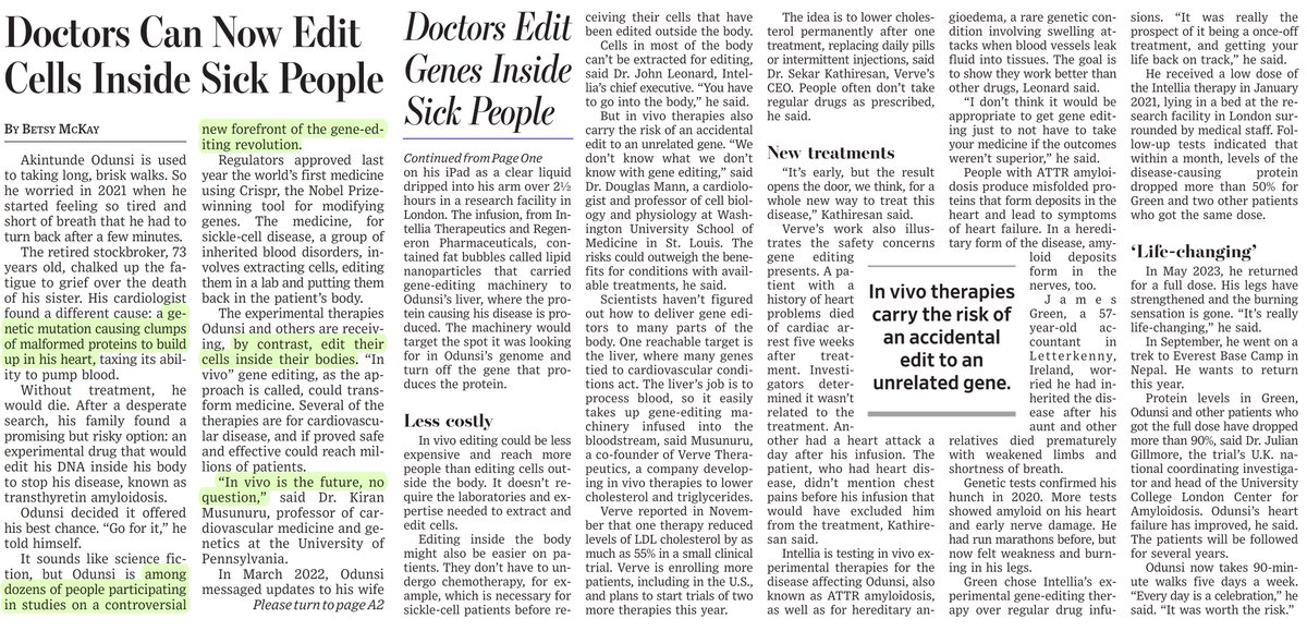 Editing genes inside the body, A1 WSJ, on progress for hereditary amyloidosis and familial hypercholesterolemia wsj.com/health/pharma/… by @betswrites w/ @skathire @kiranmusunuru @intelliatx @VerveTx