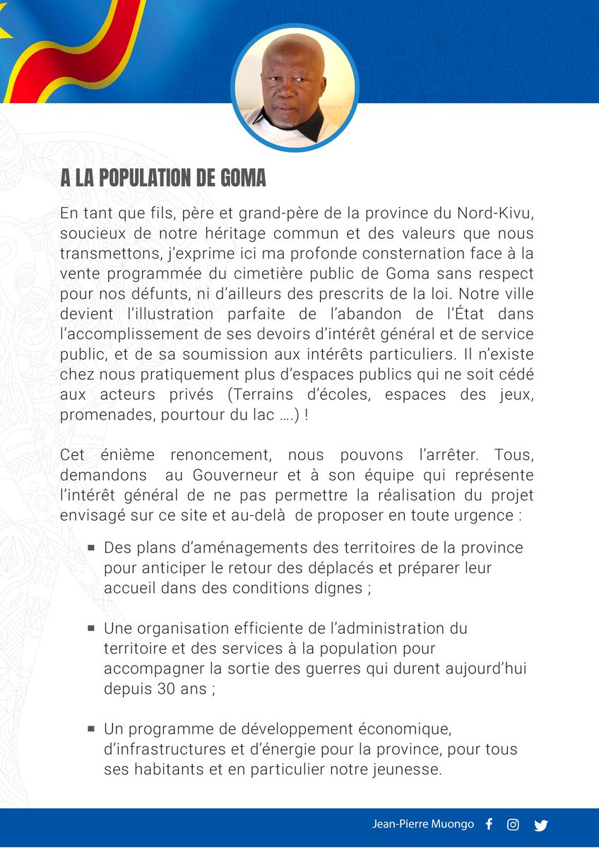 Alerte à la population de #GOMA

Le scandal autour du cimetière ITIG à #GOMA est un symptôme d’un problème plus large de spoliation des biens de l’état comme le rappelle le notable <a href="/Muongo_jp/">Jean Pierre Muongo</a>
