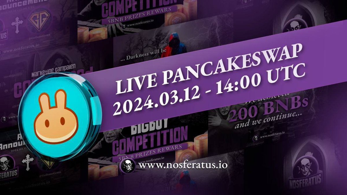 🔥 NOSFERATUS Launch in 1H

<a href="/Nosferatus_bsc/">NOSFERATUS | Very Bullish on BSC</a> succesfully filled 250BNB+, nosferatus Will launch today at #pancakeswap, 14.00 UTC. Updates have been made and many trends have been adjusted for the launch. A big buy competition was prepared for the launch. Additionally, the staking