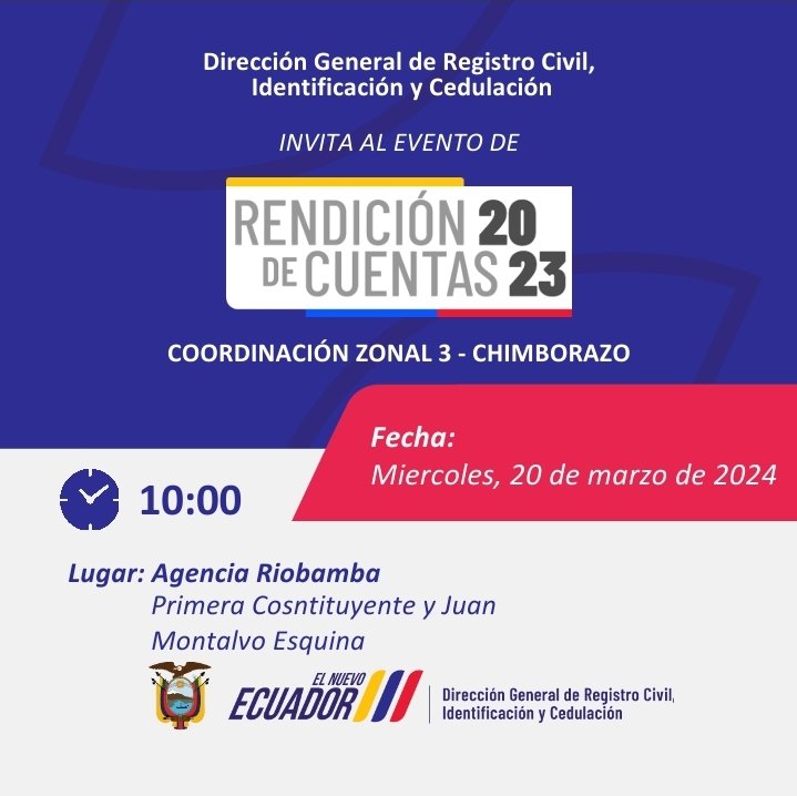 RCivil_Zona3's tweet photo. 👉🏻ZONA 3| @RegistroCivilec tiene el honor de invitar a ustedes a la Rendición de Cuentas de la Provincia de Chimborazo, la misma que se llevará a cabo en la Agencia Riobamba, contamos con su valiosa presencia. #Rendicióndecuentas2023 #ElNuevoEcuador https://t.co/h5fzGkXQ1f