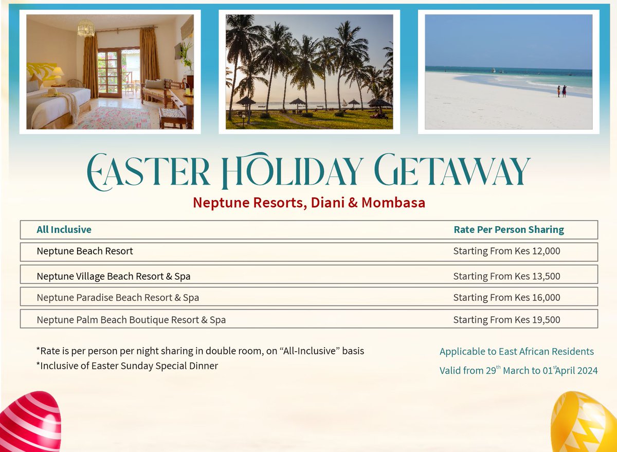 Embrace Easter with loved ones. For Reservations, Diani: +254 113 297 615 / +254 755 150 334 / reservations@neptunehotels.com Mombasa: +254 734 346 942 / +254 785 609 881 / bookings@neptunehotels.com