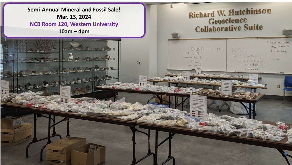 Join us TOMORROW, March 13th between 10am-4pm in NCB 120 for our semi-annual mineral and fossil sale! Almost everything is on sale either buy 1 get 1 free, or buy 2 get 1 free! The sale is cash only. Visit uwo.ca/earth/geocolle…