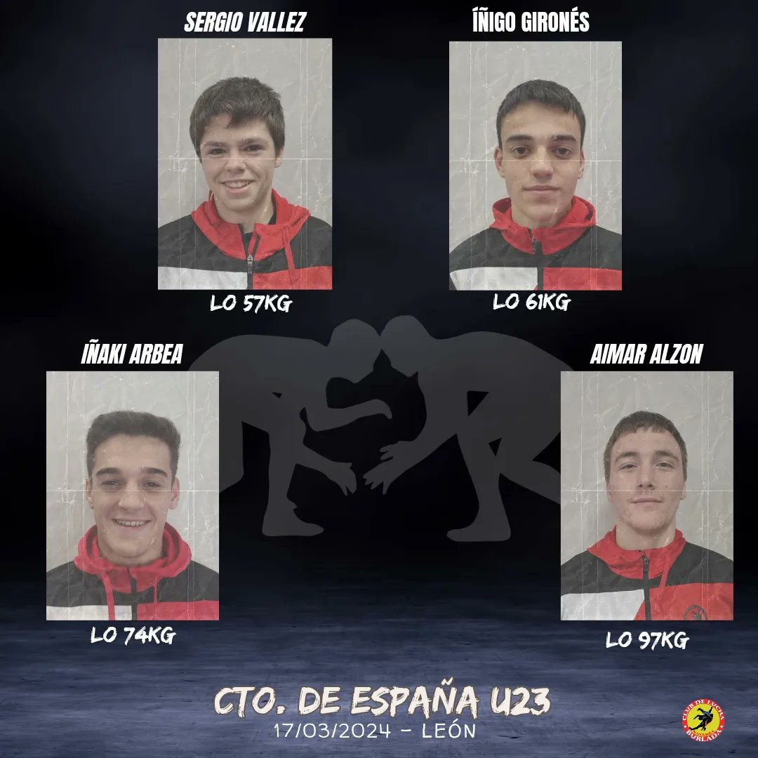 Este viernes 14 de nuestr@s luchadores/as se van a desplazar a León para participar en el campeonato de España U15, U17 y U23. 
¡Desde aquí os deseamos mucha suerte a tod@s!
.
.
#wrestlingburlada