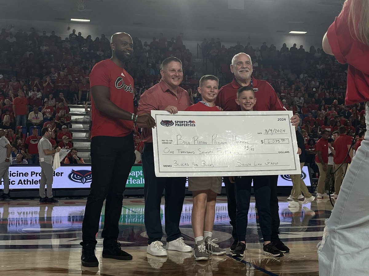 ShinerLawGroup's tweet photo. Making every block count! Proud to donate $1,075 to Boca Raton Regional Hospital through FAU Basketball's Blocks for Bucks campaign. Every swat on the court helps support our community's health. 🏀💪 #BlocksForBucks #CommunitySupport #FAUBasketball https://t.co/g0IWagVd09