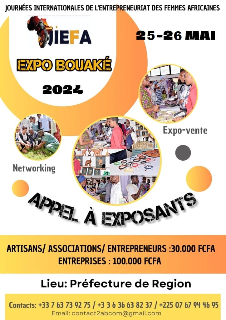 C2abcom2's tweet photo. La richesse commence par la pensée.Un #Monde meilleur, apaisé par le #développement #local, #participatif, #inclusif, #solidaire est possible avec les #Journées #Internationales de l’#Entrepreneuriat des #Femmes #Africaines (JIEFA). Rdv 25-26/05/24 pour les JIEFA Expo Bouaké 2024 https://t.co/1DuHNfVQyb