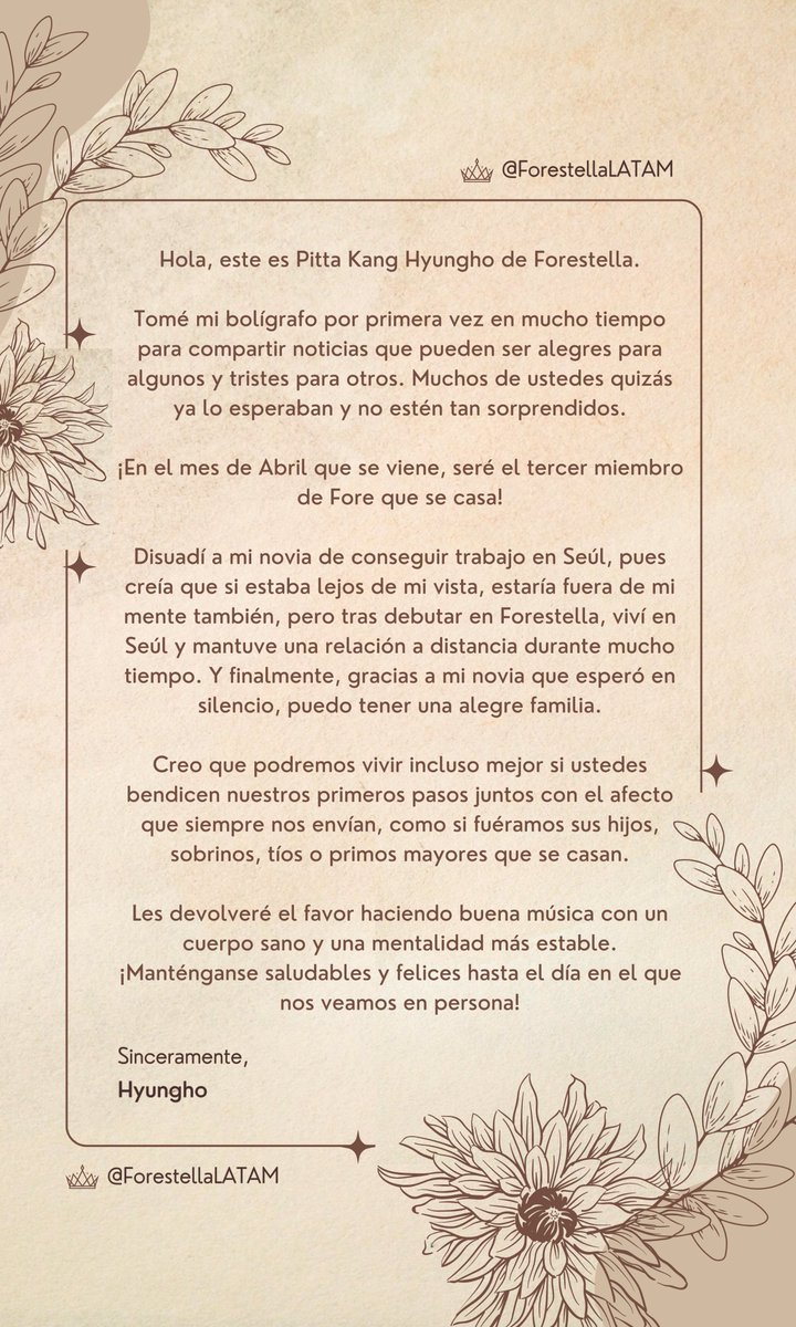 ForestellaLATAM's tweet photo. ¡Nuestro querido #KangHyungho comunicó a través del fan café de #Forestella que se casará en Abril!

Su prometida es la locutora Jeong Minkyeong, con quien ha mantenido una relación sentimental durante casi 10 años.

Le deseamos mucha felicidad a esta hermosa pareja ���💚 https://t.co/BSvOmbfdtF