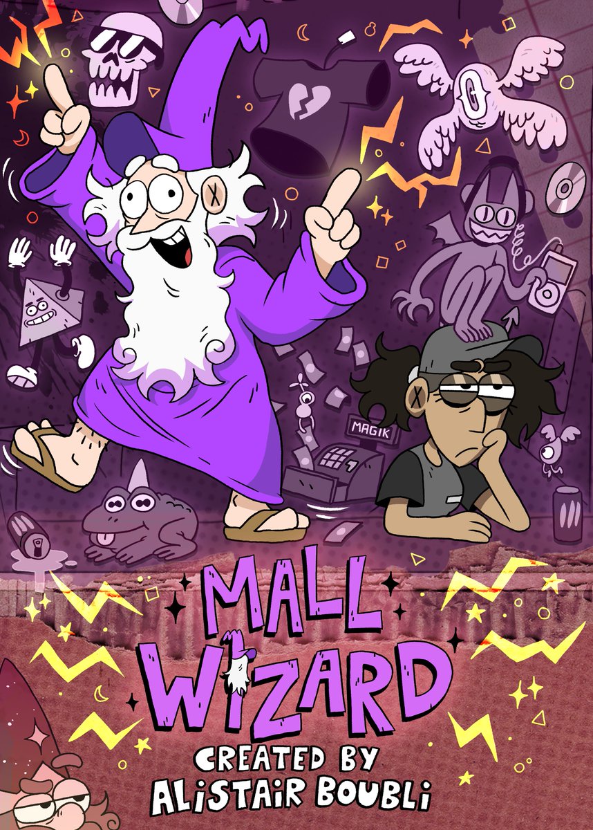 The official Mall Wizard series promo poster! ✨ Really embraced the 2000s hot topic rough mixed media vibe. ⚡ #mallwizard #indieanimation