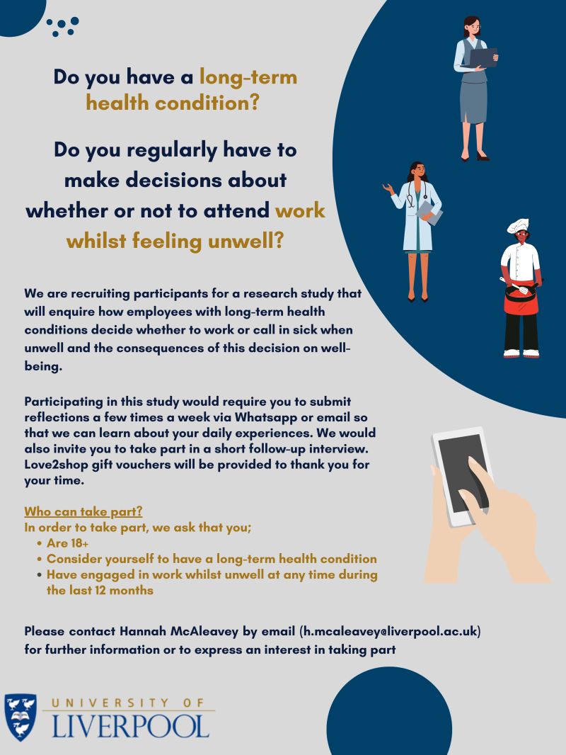 🌟 CALL FOR PARTICIPANTS: QUALITATIVE DIARY STUDY 🌟 Seeking UK-based individuals with long-term health conditions who work while unwell. Your participation can advance our understanding of workplace challenges.