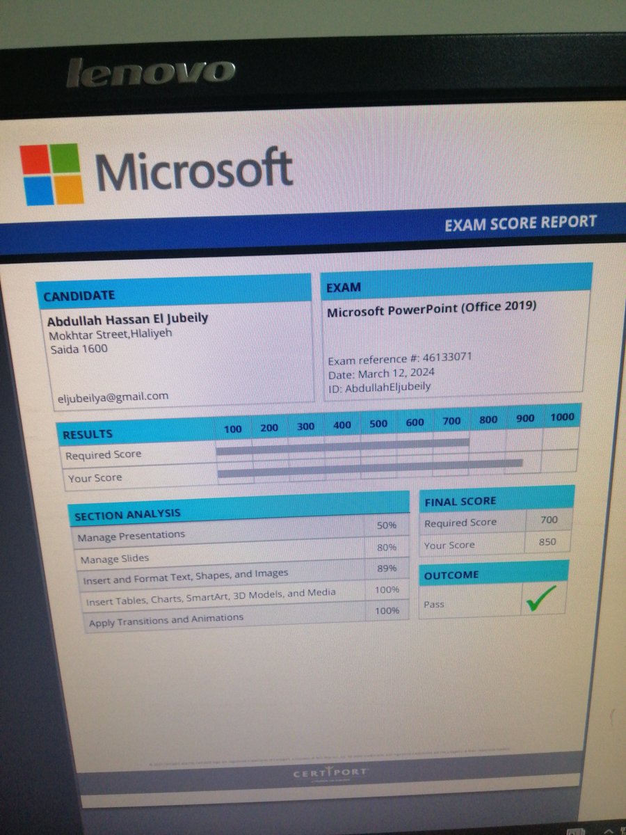 Félicitations à l'étudiant Abdallah Jbeily pour avoir obtenu un score de 850/1000 dans Microsoft PowerPoint et s'être qualifié pour le concours local de MOS. @Hhhsinfo @ea_rania @DidiSaleh10
