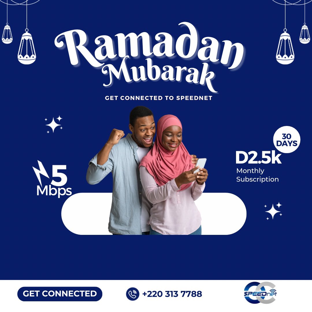 Ramadan Mubarak from us all at Speednet Gambia ☪️🕋

Get Connected To Speednet🚀

📍Saint Matty, Bakau, The Gambia

📲Call Us Now at +2203137788

📞 WhatsApp at +2207084699

#gambia #gambian #speednet #speednetgambia #internetprovider #Ramadan2024 #RamadanKareem #internetservice