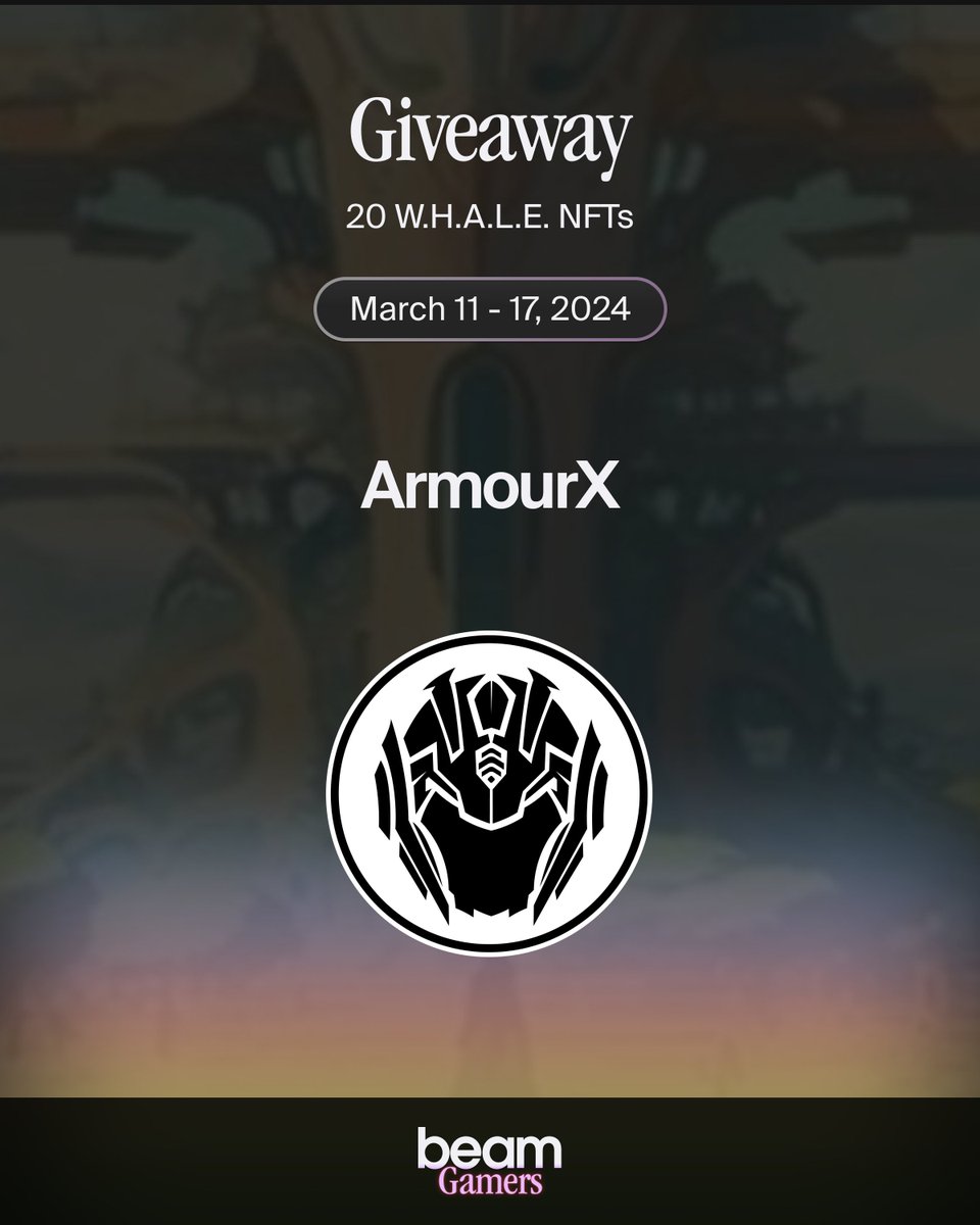 🛡️ <a href="/BeamGamers/">Beam Gamers</a> x <a href="/PlayArmourX/">Armour | Closed Beta</a> Giveaway 🛡️
📅 March 11-17

Get a chance to win one of 20 exclusive W.H.A.L.E. NFTs! 🤖

✅ Complete the tasks at hub.onbeam.com/rewards/armour…

✅ Join our game night on Thursday, March 14 - 1 PM UTC.

#Giveaway #ArmourX