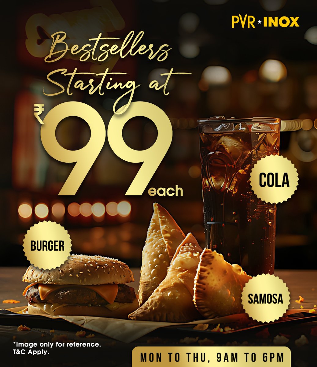 Step into a world of blockbuster deals! Grab PVR's hottest bestsellers starting at just ₹99 each from Monday to Thursday, 9:00 a.m. to 6:00 p.m. 🍔🥤
.
.
.
*T&Cs Apply
#TastyDelights #PVRTreats #Samosa #Cola #Burger #Offer #Deals #Discount