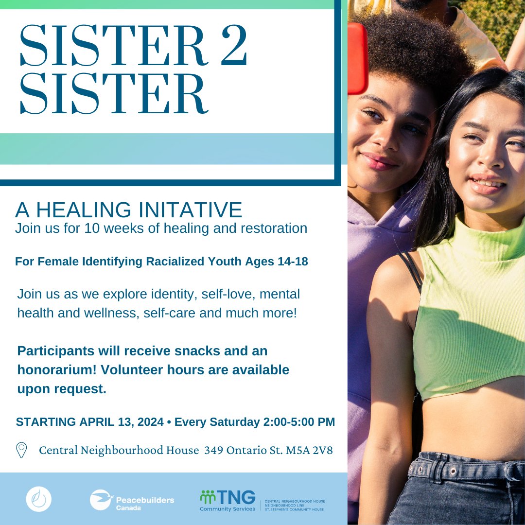 The Sister 2 Sister program is back! Join us for a 10-week journey of healing and restoration. Connect with like-minded young Black, Indigenous and racialized female-identifying youth aged 14-18.  

Click here to register: shorturl.at/gmBR9

#Sister2Sister #peacebuilders