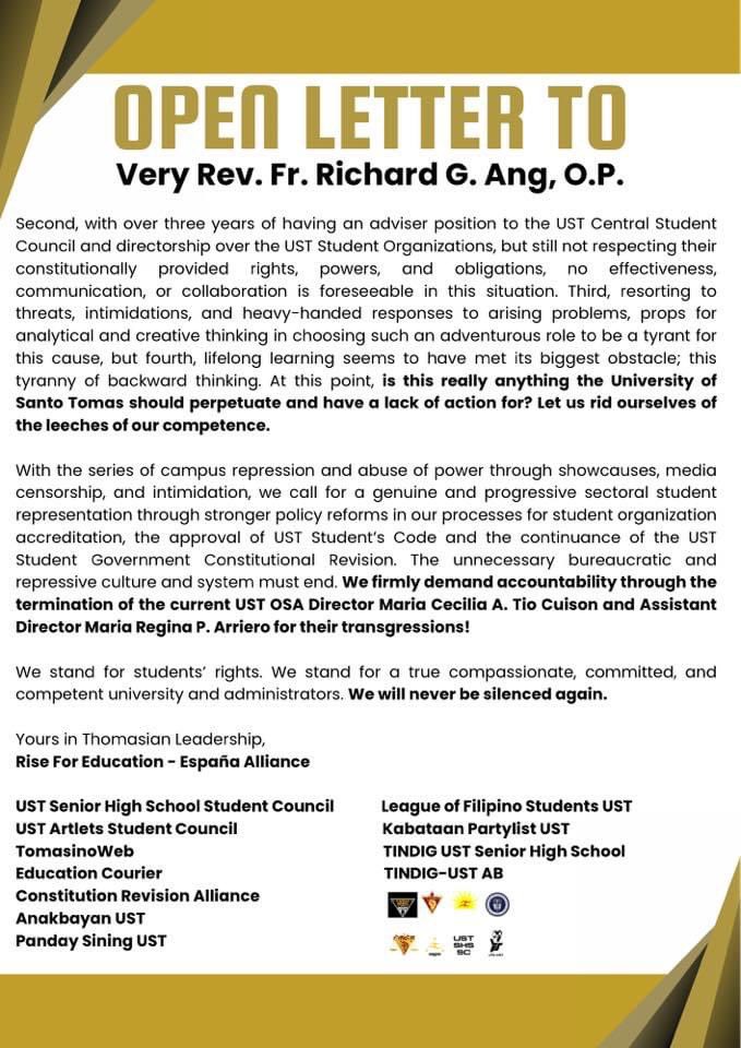 READ: An open letter of Rise For Education - España for Rev. Fr. Ang, amidst student repression on UST.

#ReclaimOurRights
#DefendAcademicFreedom