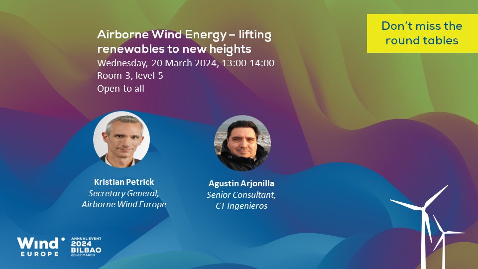 🤝 AWEurope and @CTengineers will be moderating a round table during the @WindEurope  Bilbao 2024 Annual Event!

📝 Session title: “Airborne Wind Energy – lifting renewables to new heights”.

👉 Find out more: rb.gy/q7ovfp